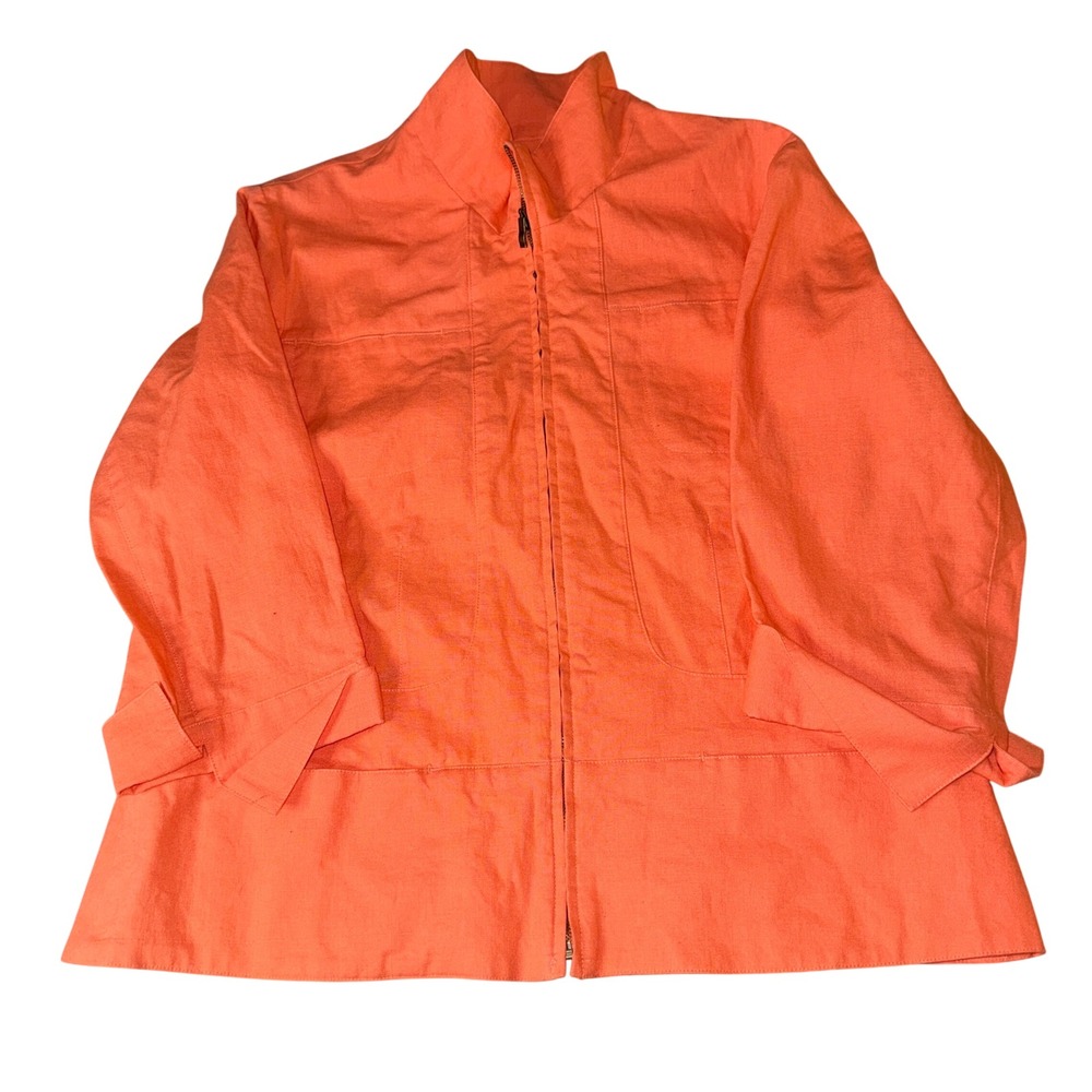 Coldwater Creek Zip‎ Up Jacket 10 Orange Linen Cotton Blend 3/4 Sleeve Mock Neck